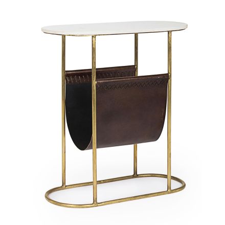 Coffee Table in Steel and Marble with Leather Magazine Rack - Aretone Viadurini