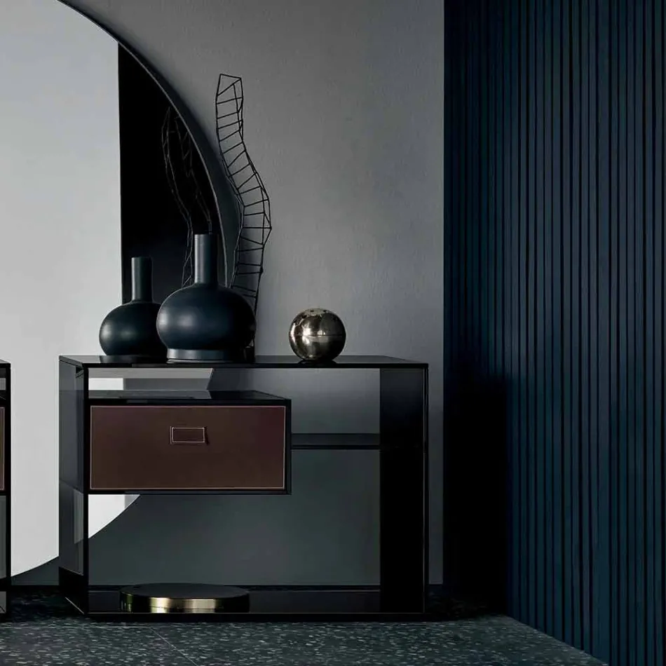 Sofa Side Table or Bedside Table in Smoked Glass with Leather Drawer - Linzy Viadurini