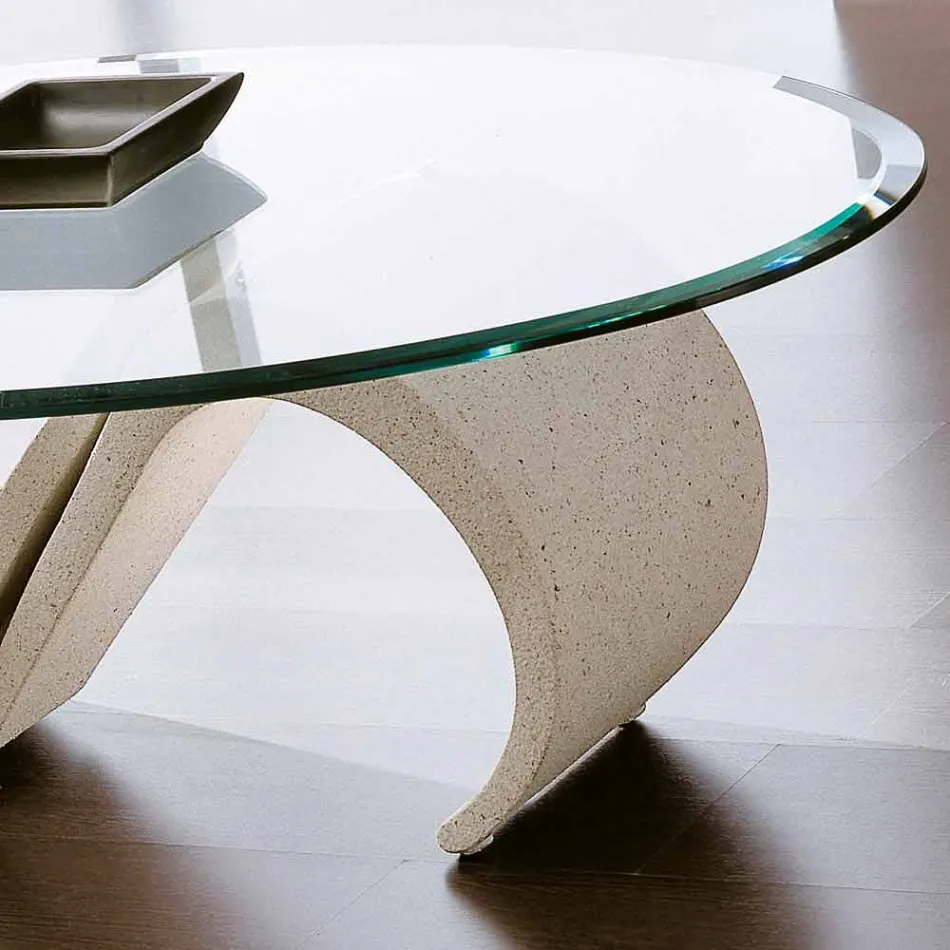 Oval Coffee Table in Beveled Glass and Synthetic Marble Made in Italy - Barbera Viadurini