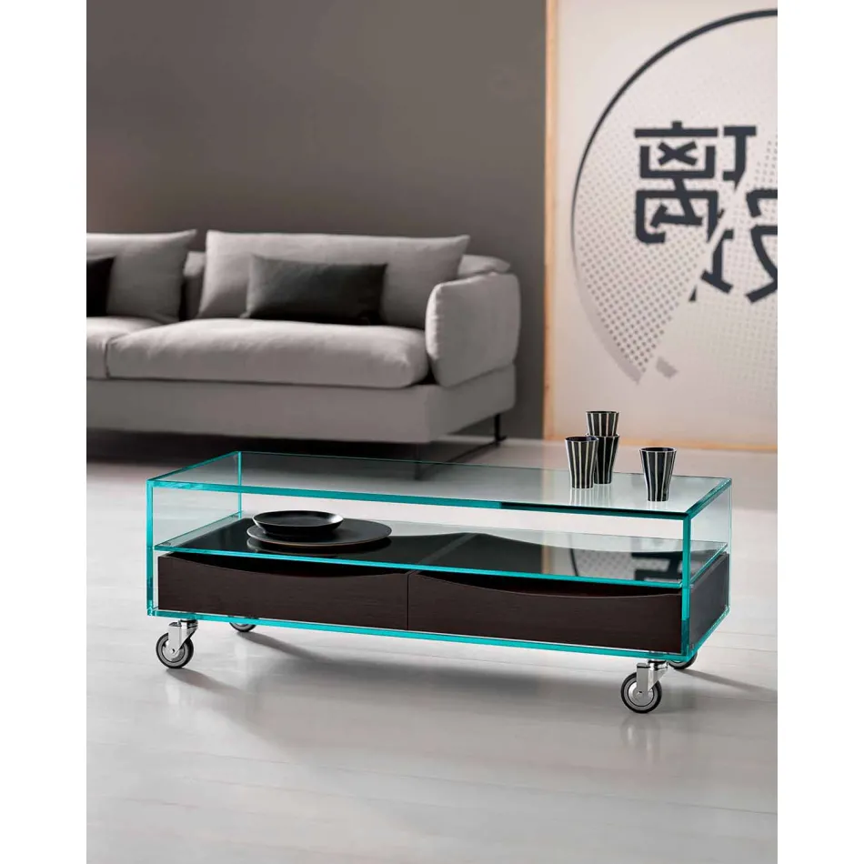 Rectangular Coffee Table in Extralight Glass with Drawers Made in Italy - Ganzo Viadurini