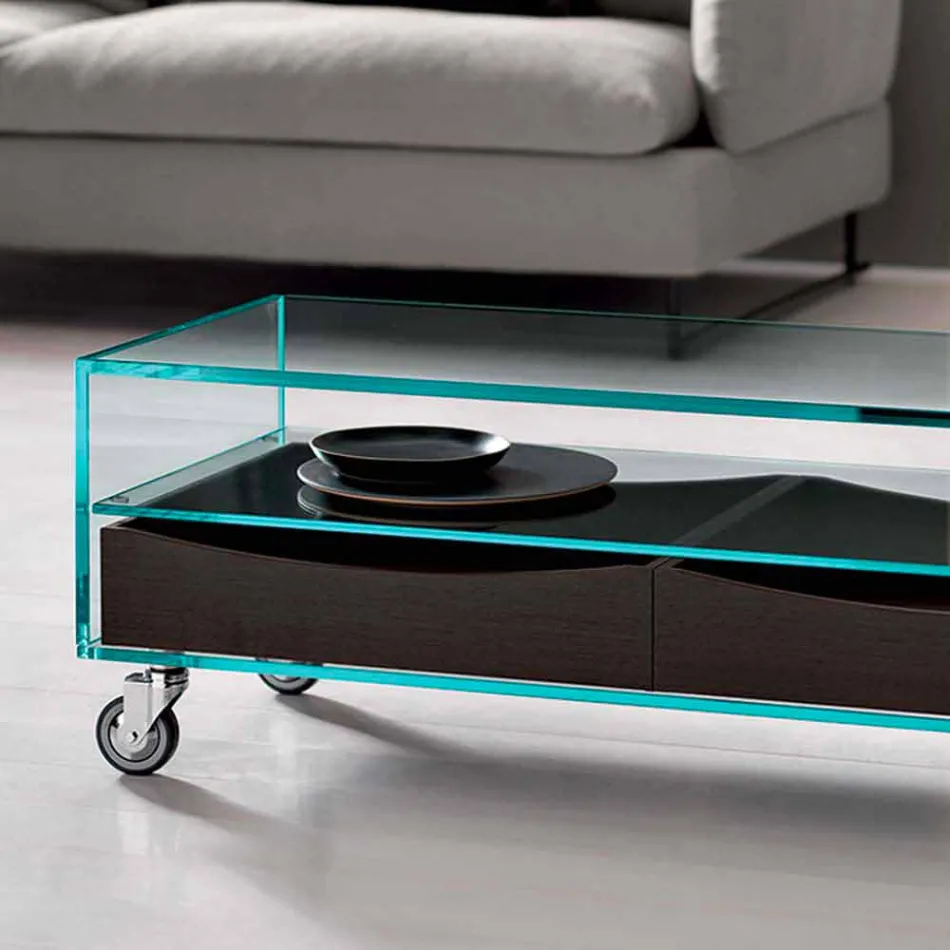 Rectangular Coffee Table in Extralight Glass with Drawers Made in Italy - Ganzo Viadurini
