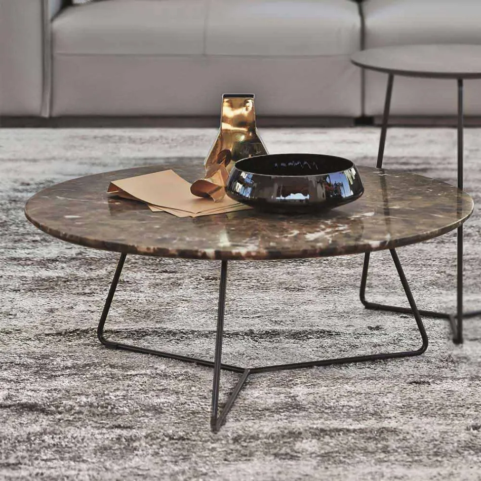 Coffee Table with Round Marble Top and Metal Base Made in Italy - Gin Viadurini