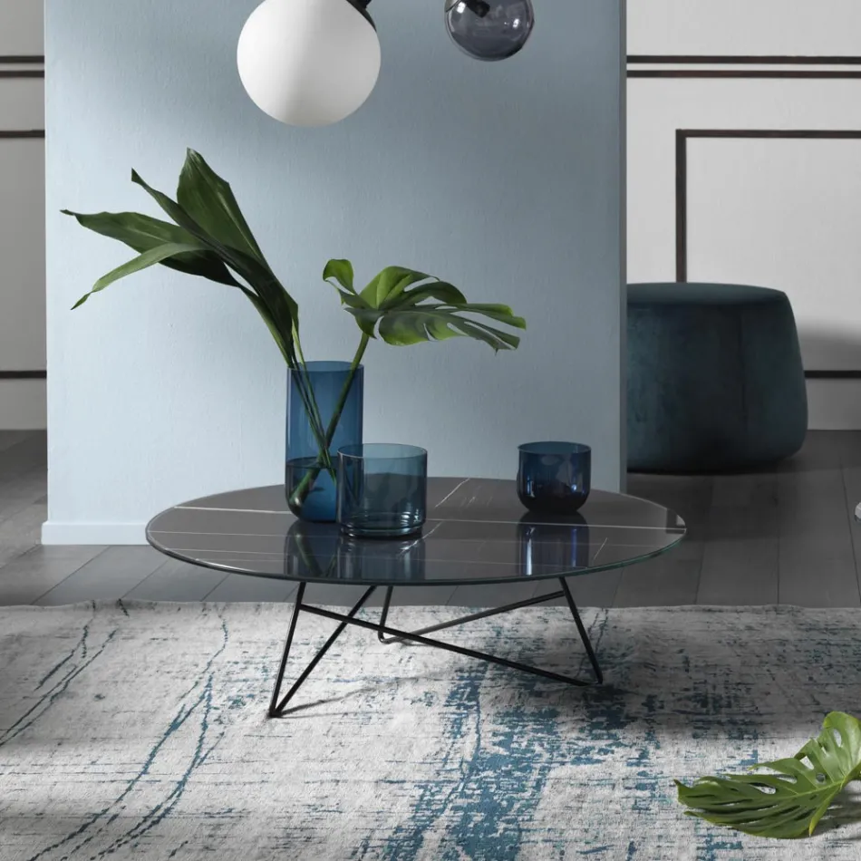 Round Living Room Coffee Table in Luxury Marble Effect Metal and Glass - Magali Viadurini