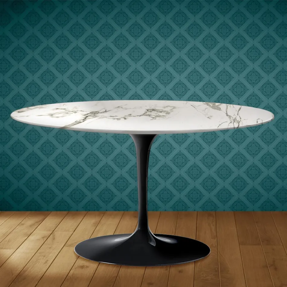 Eero Saarinen H 41 Oval Tulip Coffee Table in Aura 22 Ceramic Made in Italy - Scarlet Viadurini