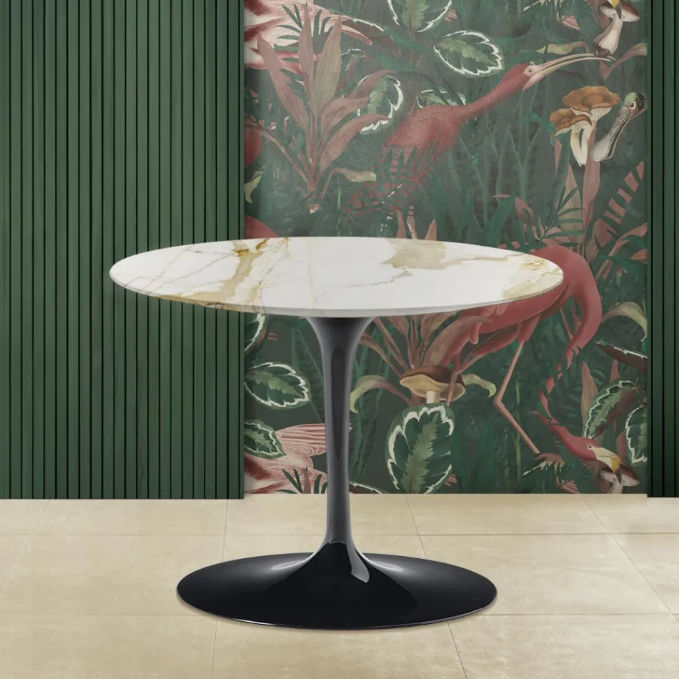 Tulip Saarinen Coffee Table H 41 with Round Caracatta Gold Marble Top Viadurini
