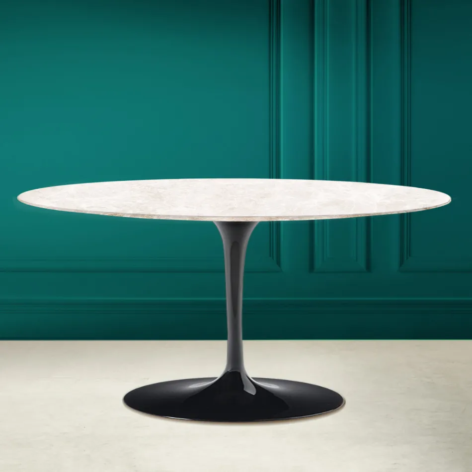 Tulip Saarinen Oval Coffee Table H 41 in Diamond Cream Ceramic Made in Italy - Scarlet Viadurini