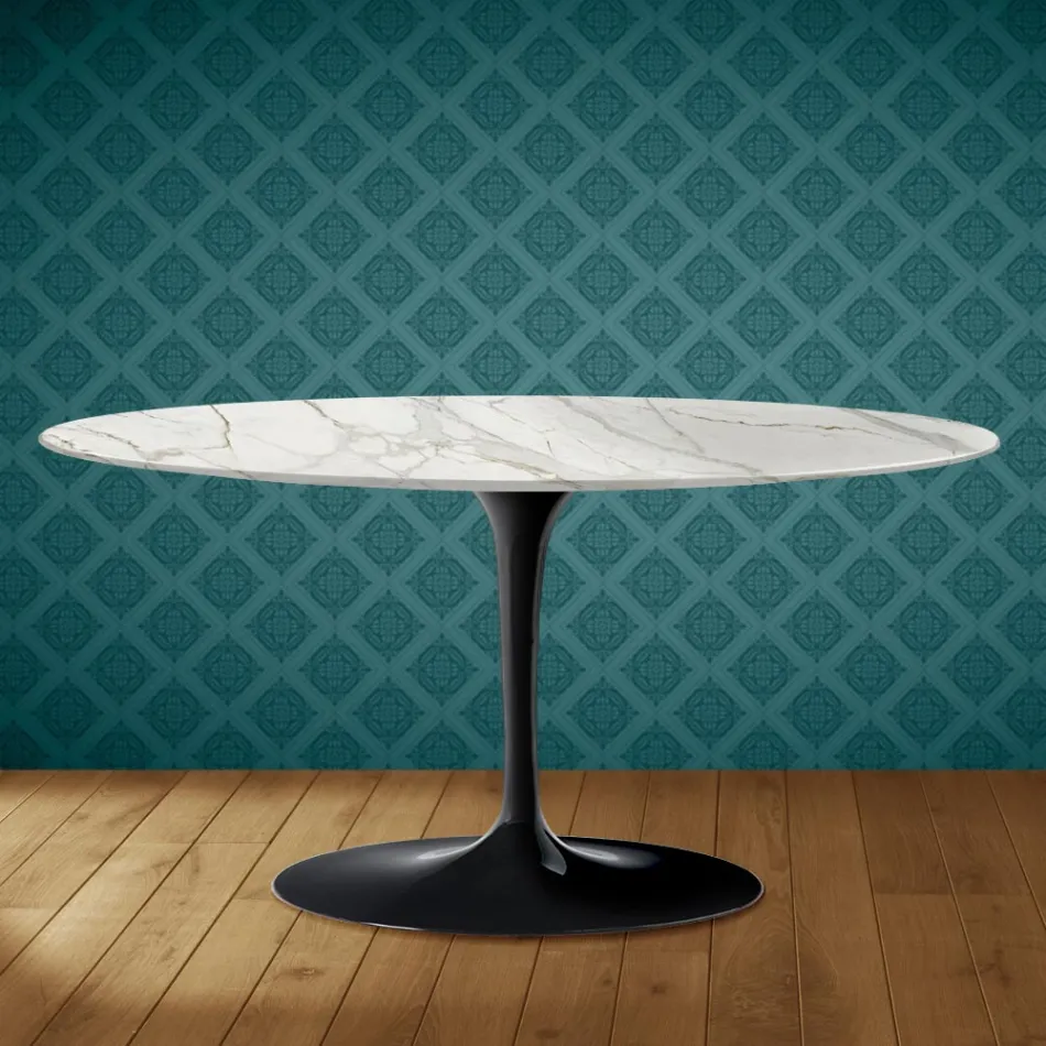 Saarinen Tulip Coffee Table, Oval, H 41 cm, Glossy Ceramic, Made in Italy - Scarlet Viadurini