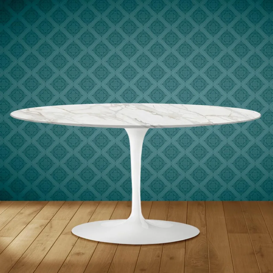Tulip Saarinen Oval Coffee Table H 41 in Morpheus Ceramic Made in Italy - Scarlet Viadurini