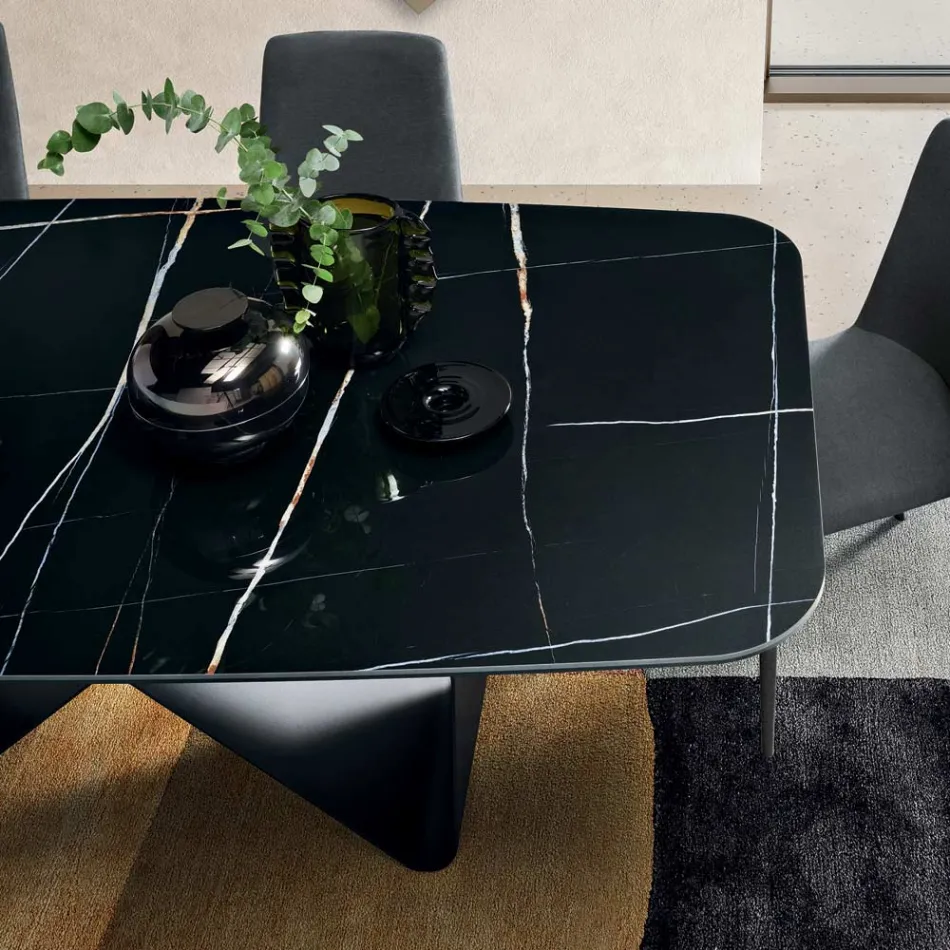 210x110 cm Table with Marble-Effect Ceramic Top and Metal Base - Adriano Viadurini