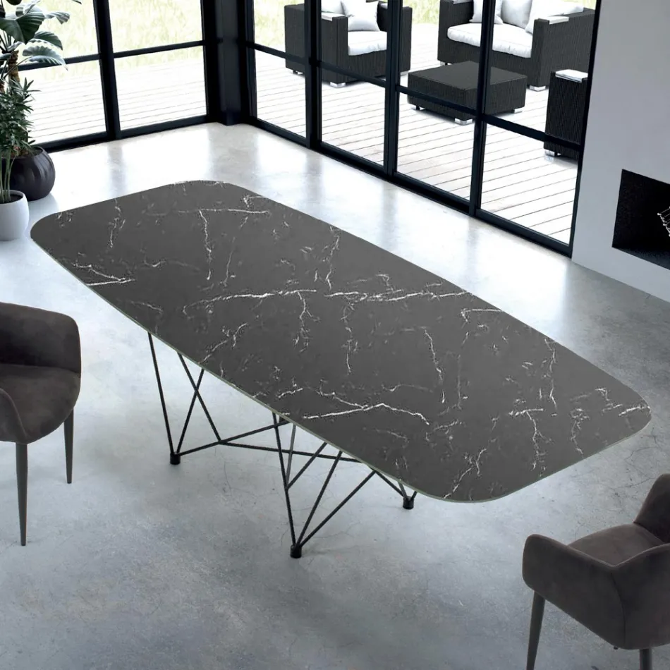Modern Barrel Shaped Table in Hypermarble and Steel Made in Italy - Ezzellino Viadurini