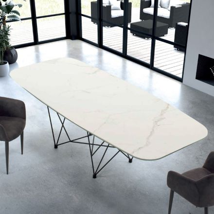 Modern Barrel Shaped Table in Hypermarble and Steel Made in Italy - Ezzellino Viadurini