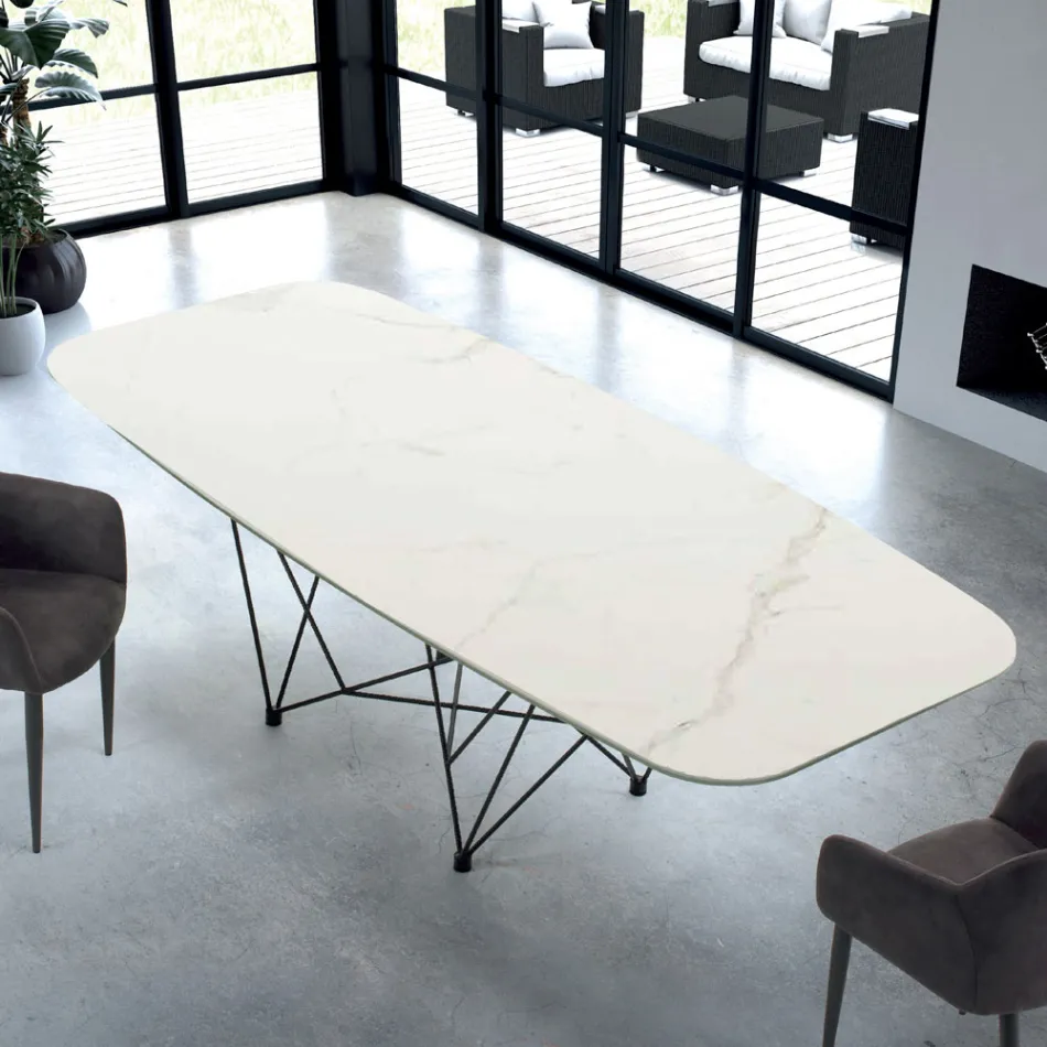 Modern Barrel Shaped Table in Hypermarble and Steel Made in Italy - Ezzellino Viadurini