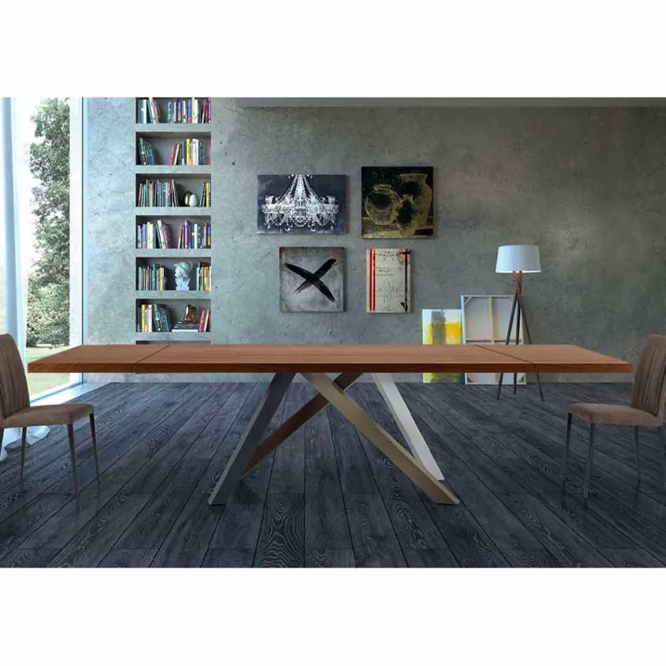 Extendable Table Up to 300 cm in Wood and Steel Made in Italy - Settimmio Viadurini