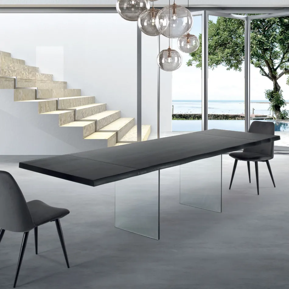 Extendable Table up to 300 cm in Veneered Wood and Glass - Tear Viadurini