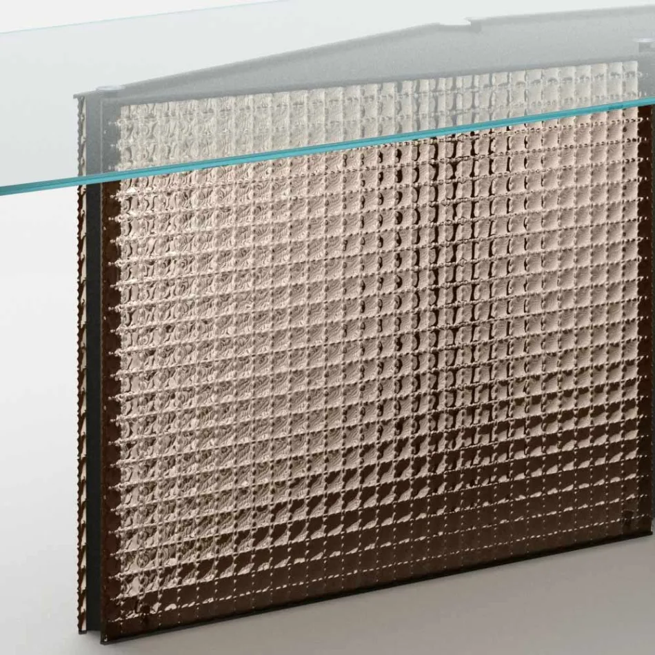 Table with shaped glass top and fused glass and metal base - Foglietto Viadurini