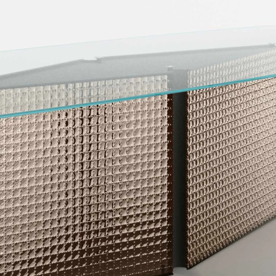 Table with shaped glass top and fused glass and metal base - Foglietto Viadurini