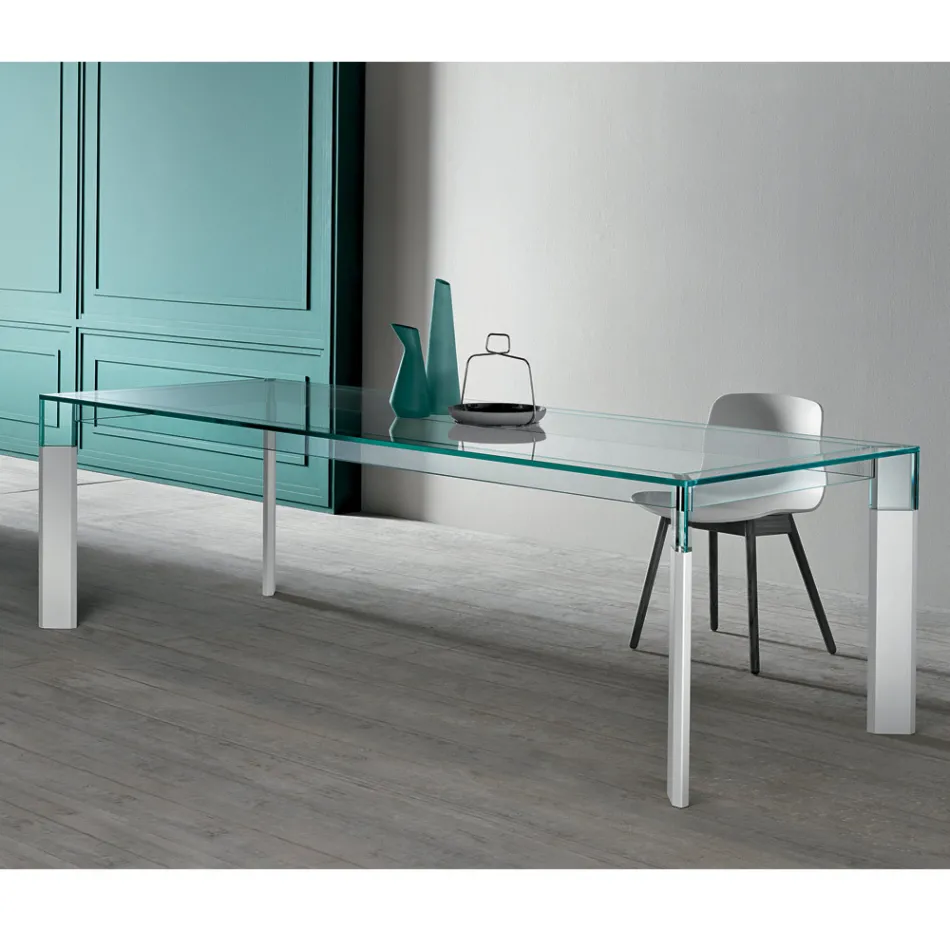 Kitchen Table in Extra-clear Glass with Wooden Legs Made in Italy - Super Viadurini