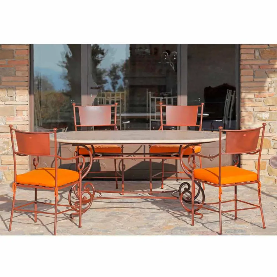 Travertine Outdoor Table with Mosaic Inserts Made in Italy - Elegant Viadurini