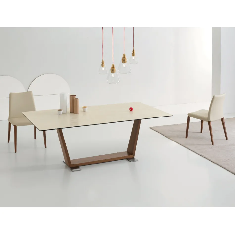 Extendable Dining Table to 3 m in Ceramic and Wooden Legs - Cesteo Viadurini