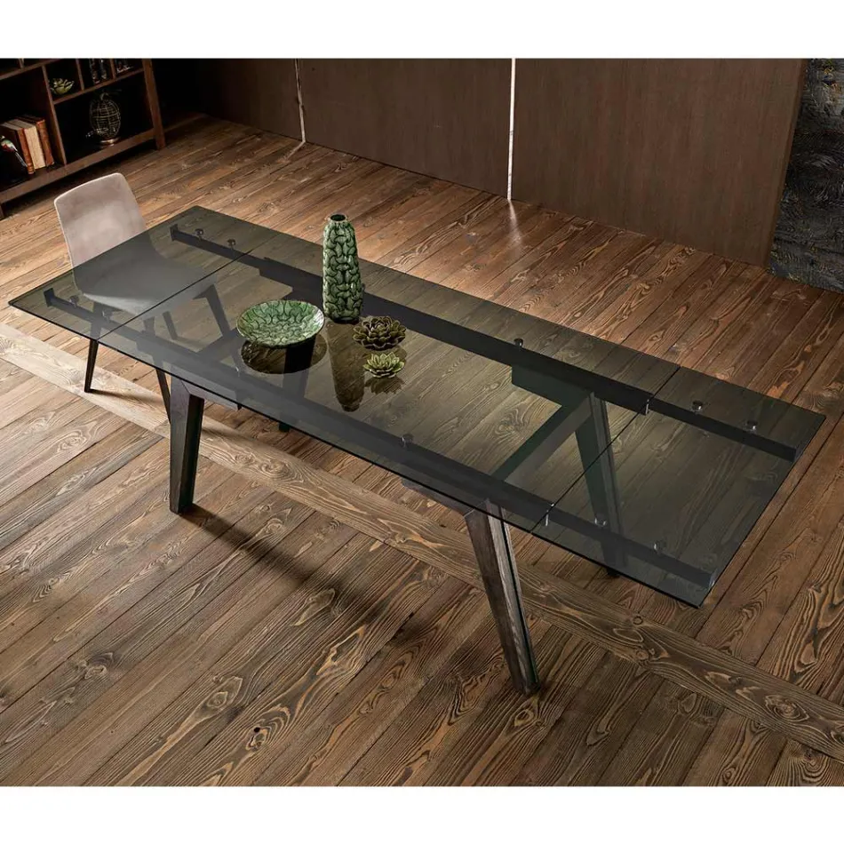 Extendable dining table in fumè glass made in Italy, Dimitri Viadurini