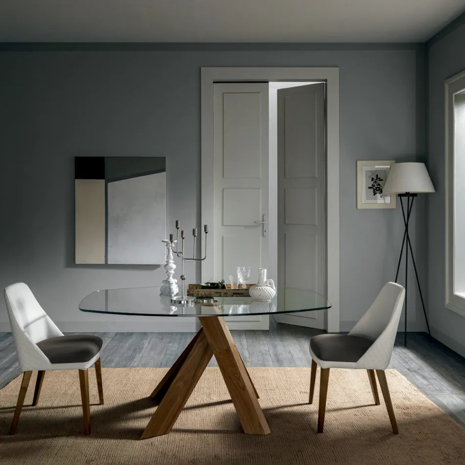 Living Room Dining Table Glass Top and Wooden Legs - Botanical Viadurini