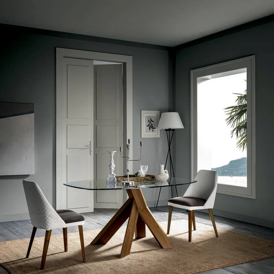 Living Room Dining Table Glass Top and Wooden Legs - Botanical Viadurini