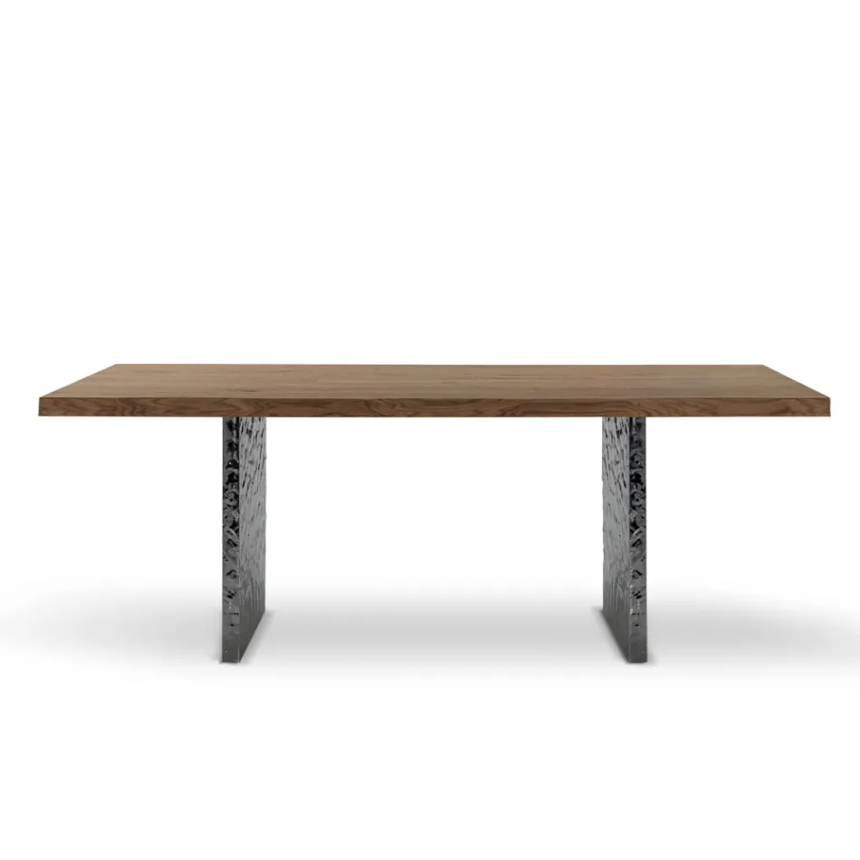 Dining Table in Veneer and Hammered Steel Made in Italy - Strappo Viadurini