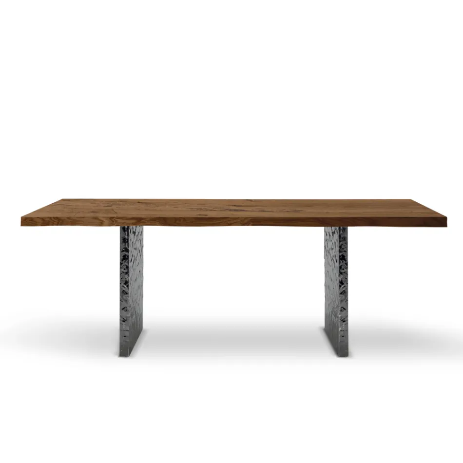 Dining Table in Veneer and Hammered Steel Made in Italy - Strappo Viadurini