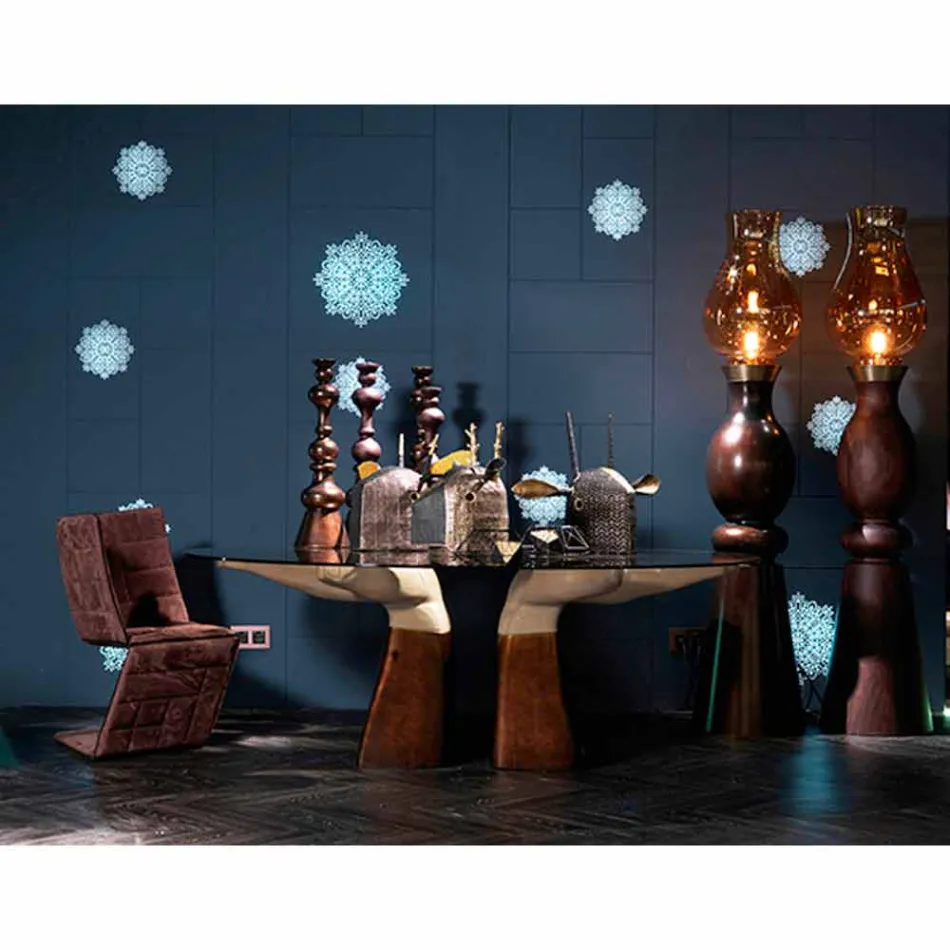 Wooden dining table with glass top, made in Italy, Bartolo Viadurini