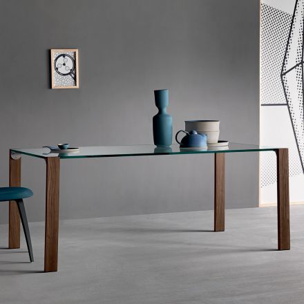 Dining Table in Glass and Legs in Oak or Canaletto Walnut - Aschio Viadurini
