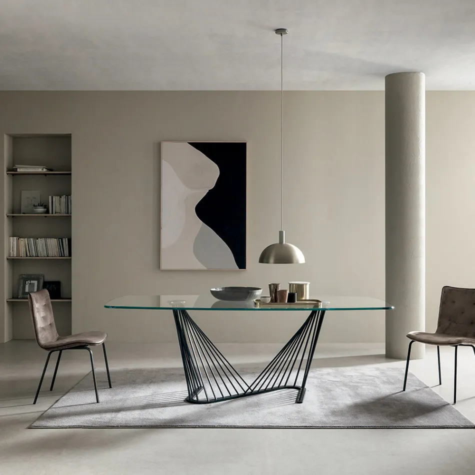 Dining Table Glass Top and Metal Ropes Base 2 Sizes - Alariko Viadurini