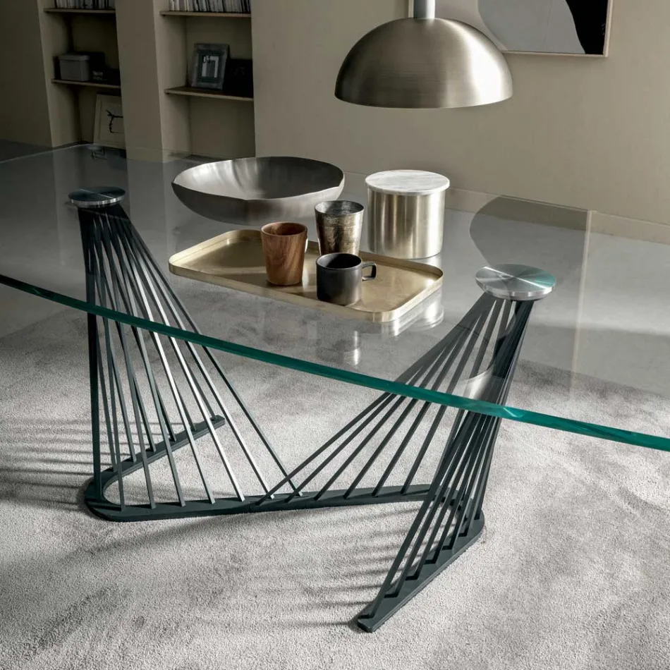 Dining Table Glass Top and Metal Ropes Base 2 Sizes - Alariko Viadurini