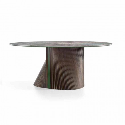 Round Design Dining Table in Polished Stoneware and Wood Made in Italy - Madame Viadurini