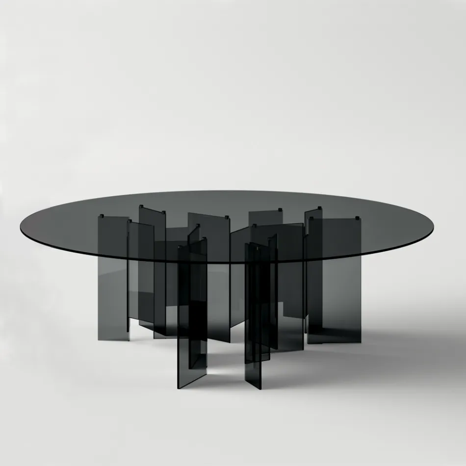Round Dining Table in Extra-clear or Smoked Glass Made in Italy - Thommy Viadurini