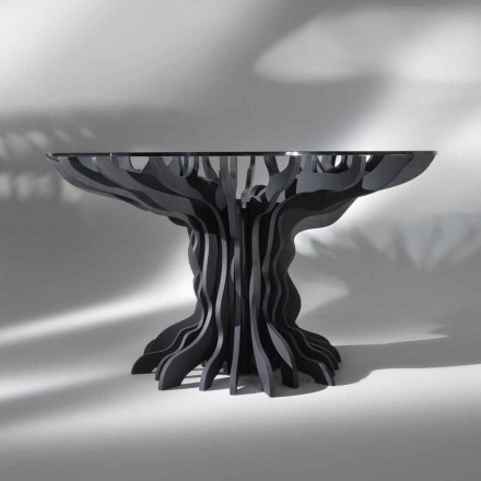 Cassia round dining table, black wooden top and crystal top Viadurini
