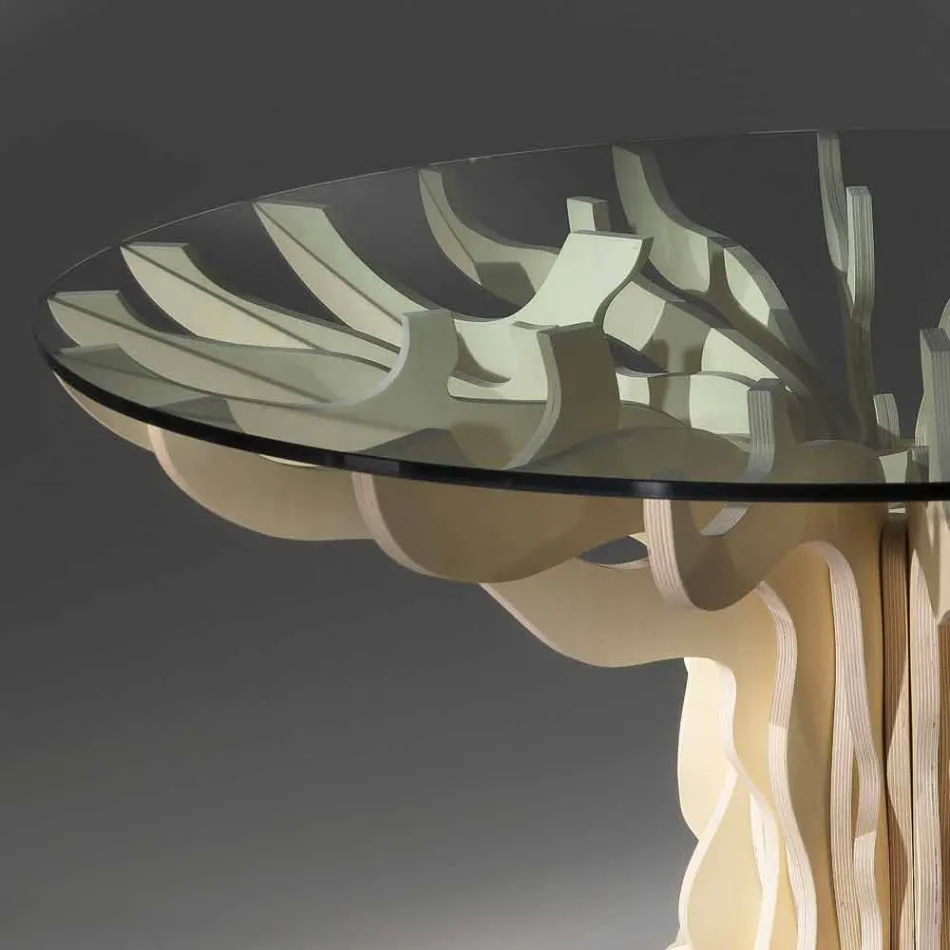 Round wooden dining table with décor tempered glass top Viadurini