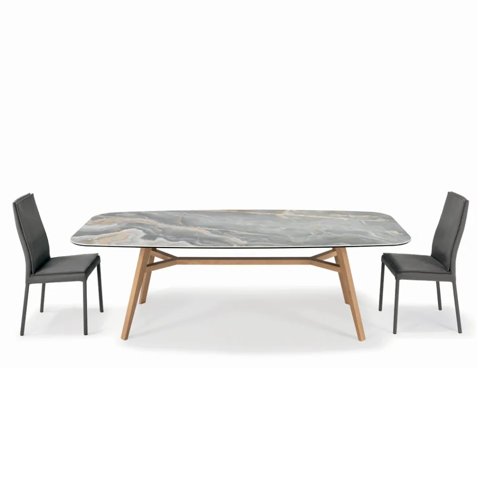 Fixed Barrel-shaped Table in Ceramic and Ash Wood Made in Italy - North Viadurini