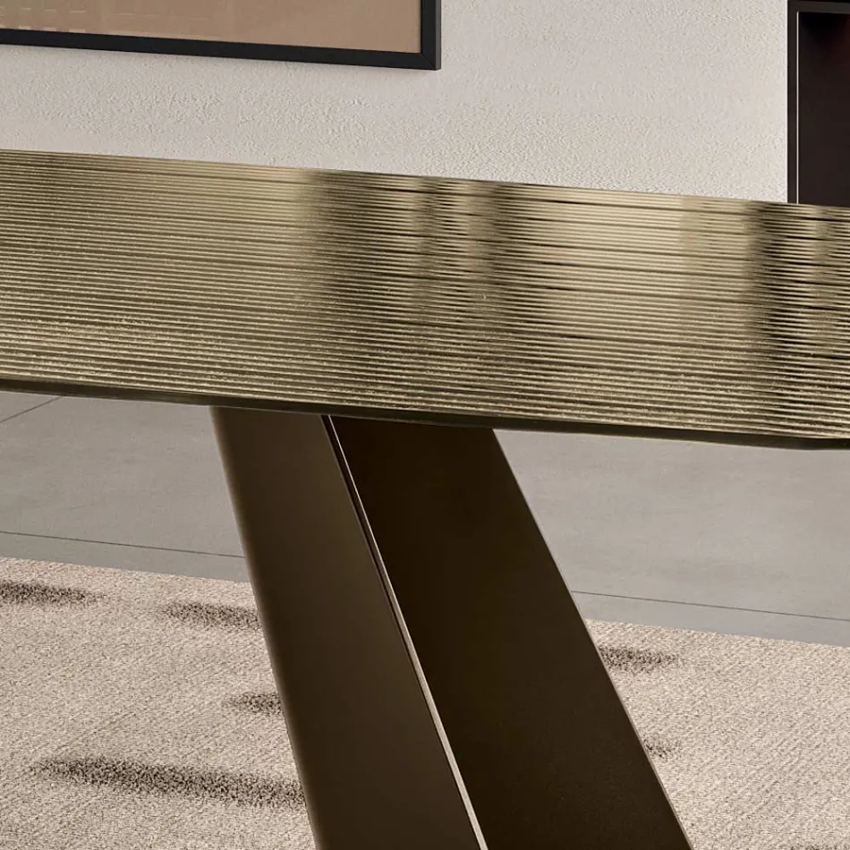 Fixed Table with Metal Base and Ribbed Glass Top Made in Italy - Lumo Viadurini