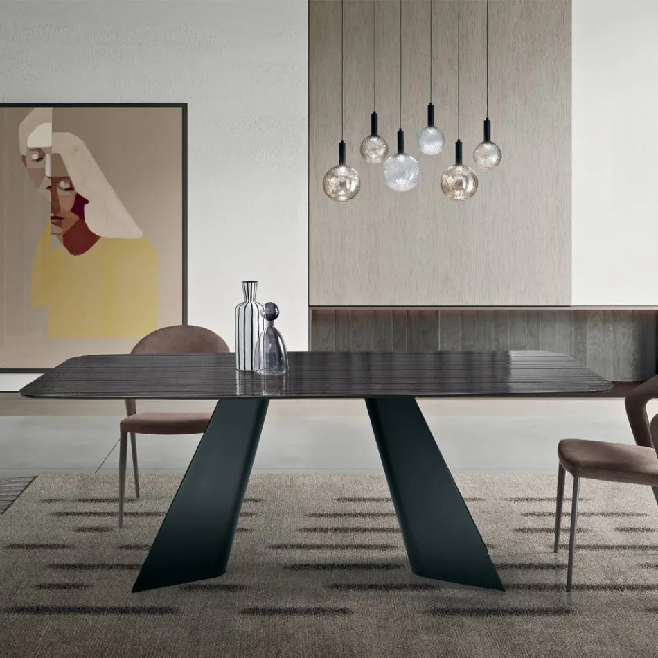Fixed Table with Metal Base and Ribbed Glass Top Made in Italy - Lumo Viadurini