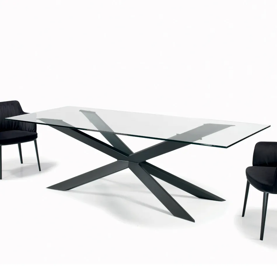 Fixed Table with Reverse Edge in Extra-clear Glass and Steel Made in Italy - Grotta Viadurini
