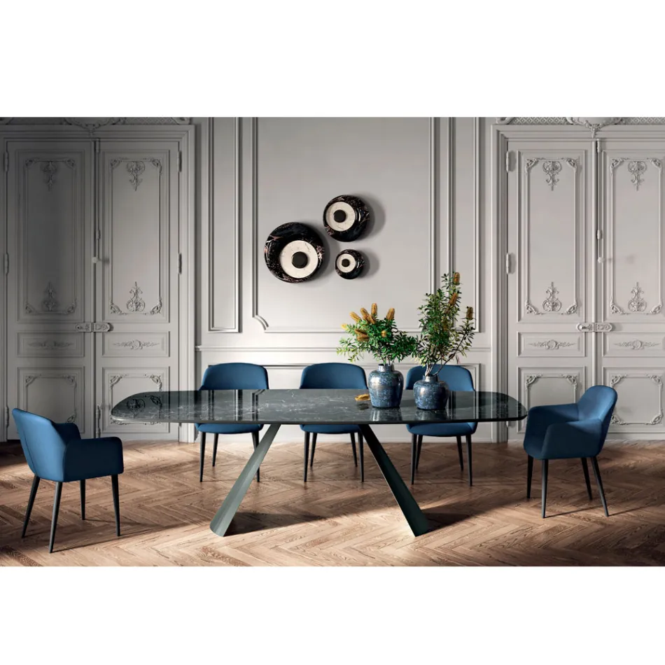 Fixed Dining Table with Barrel-Shaped Top in Ceramic Made in Italy - Glasses Viadurini