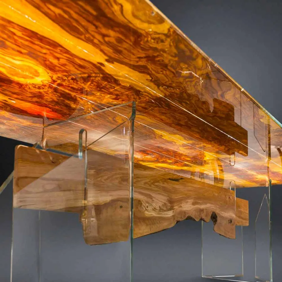 Modern olive wood table and rectangular glass Portofino Viadurini