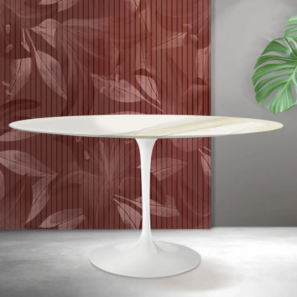 Oval Tulip Saarinen Table H 74 cm in Florim Calacatta Gold Matt Ceramic - Scarlet Viadurini
