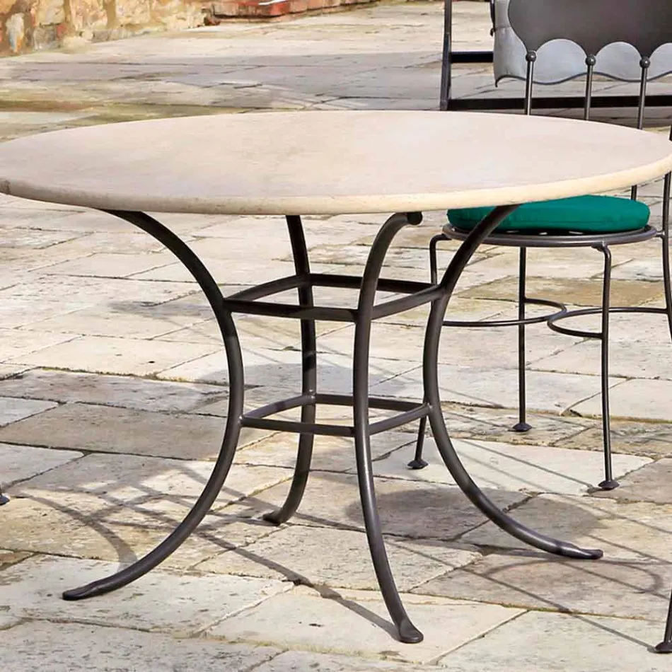 Round Outdoor Table with Travertine Top Made in Italy - Scotland Viadurini