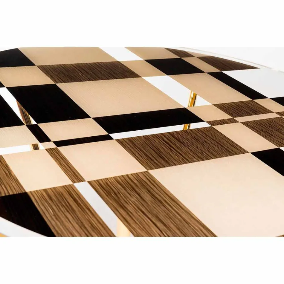 Modeno round table with glass top and Ozzy wood inlays Viadurini