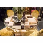 Modeno round table with glass top and Ozzy wood inlays Viadurini