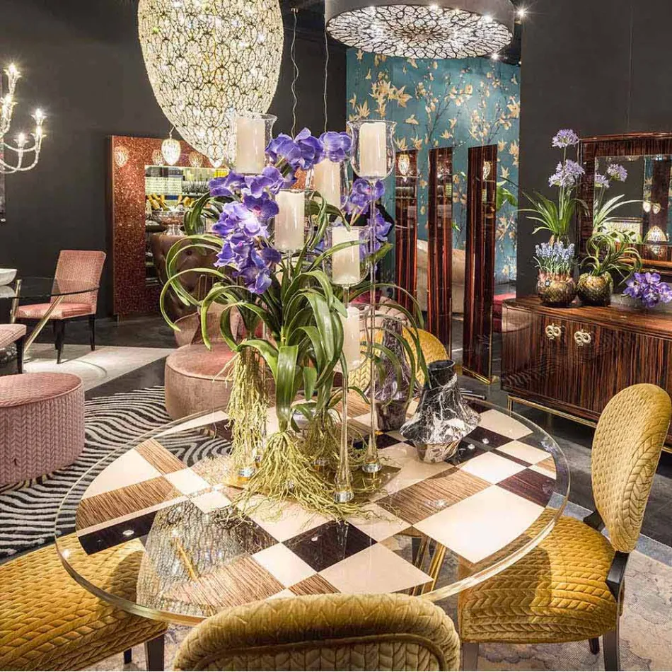 Modeno round table with glass top and Ozzy wood inlays Viadurini