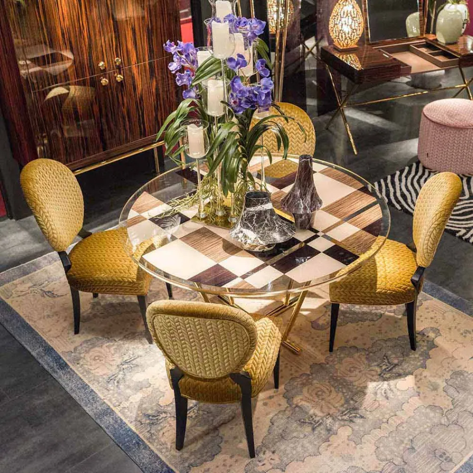 Modeno round table with glass top and Ozzy wood inlays Viadurini