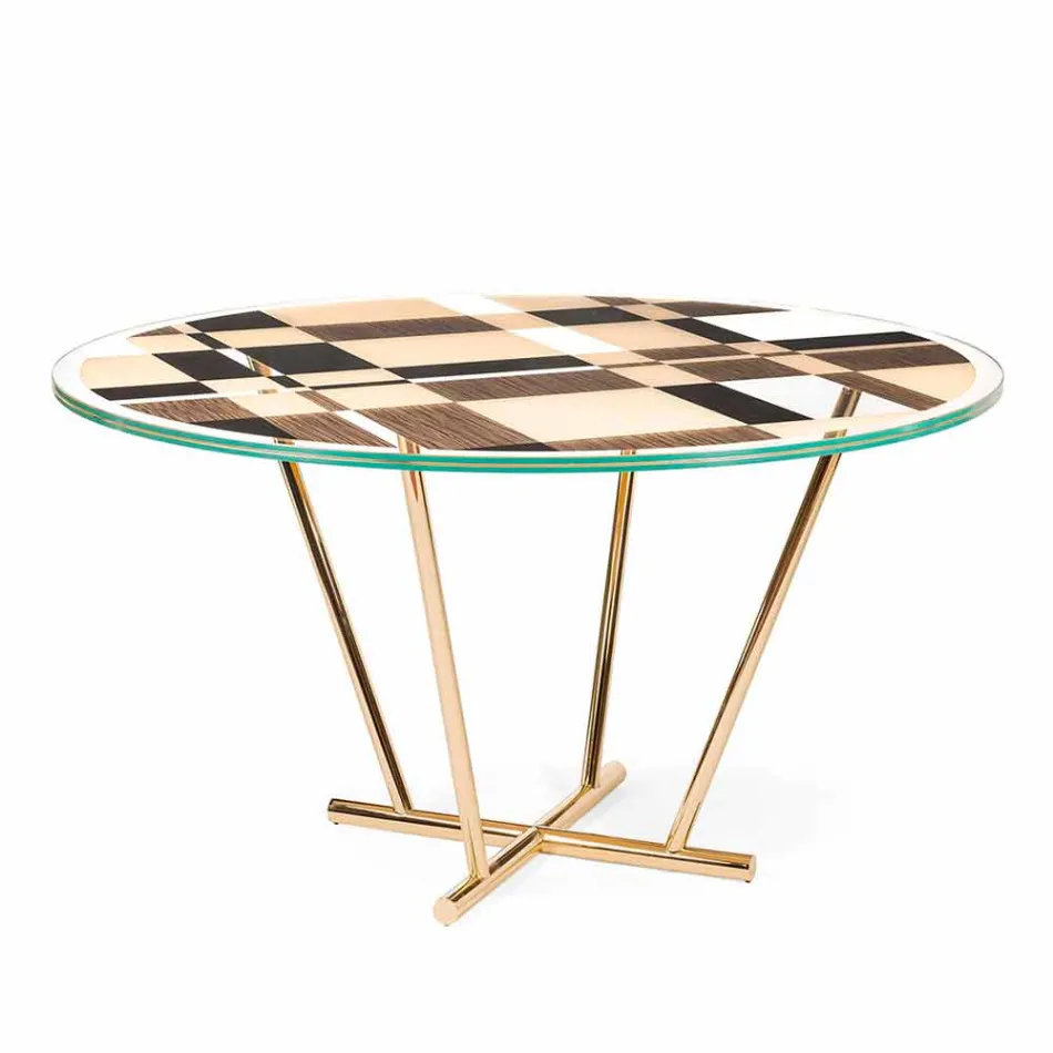 Modeno round table with glass top and Ozzy wood inlays Viadurini