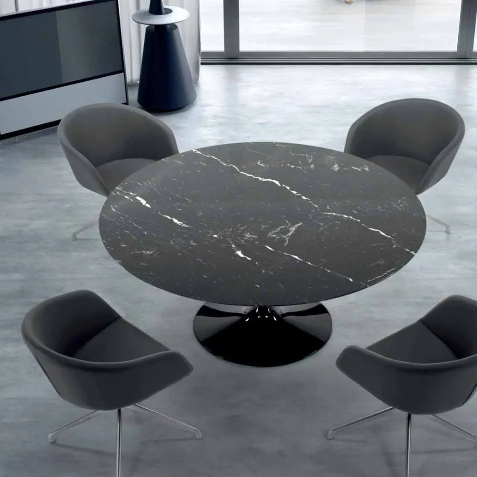 Modern Round Table in Carrara Marble and Marquinia Made in Italy - Dollars Viadurini